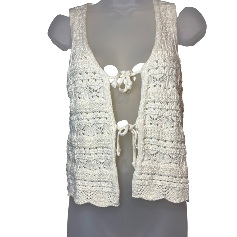 Cotton Emporium Crochet‎ Knit Vest Sleeveless Tie Front Ivory Boho Cottage Sz M